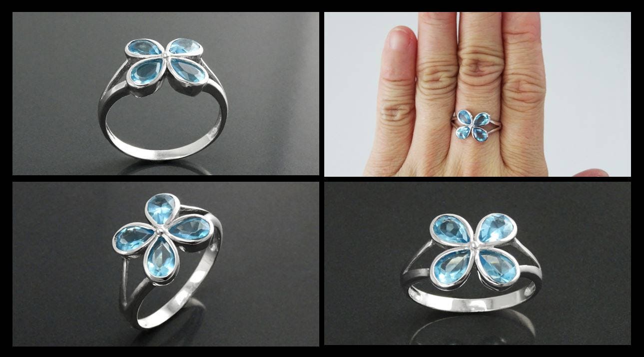 925 Aquamarine Blue cz Flower Ring, Sterling Silver, Minimalist Stone Jewelry, Modern BLUE CZ ring