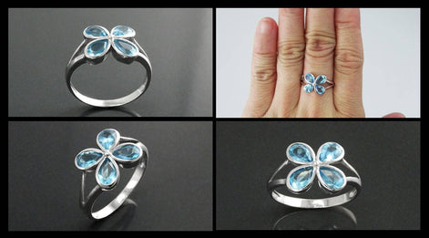 925 Aquamarine Blue cz Flower Ring, Sterling Silver, Minimalist Stone Jewelry, Modern BLUE CZ ring