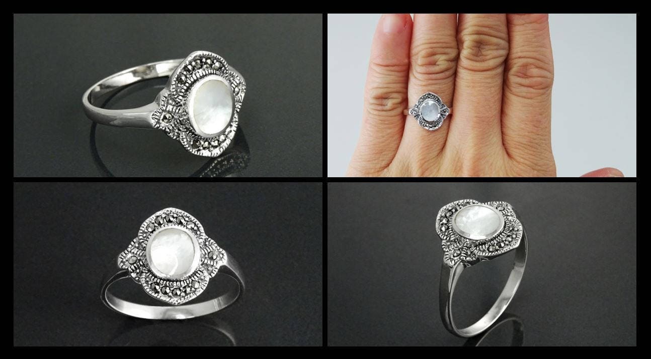 Dainty Vintage Ring, Sterling Silver, Small Art Deco Marcasites Ring, Oval GENUINE Mother of Pearl, Reissued Antique Retro Inspired Jewelry