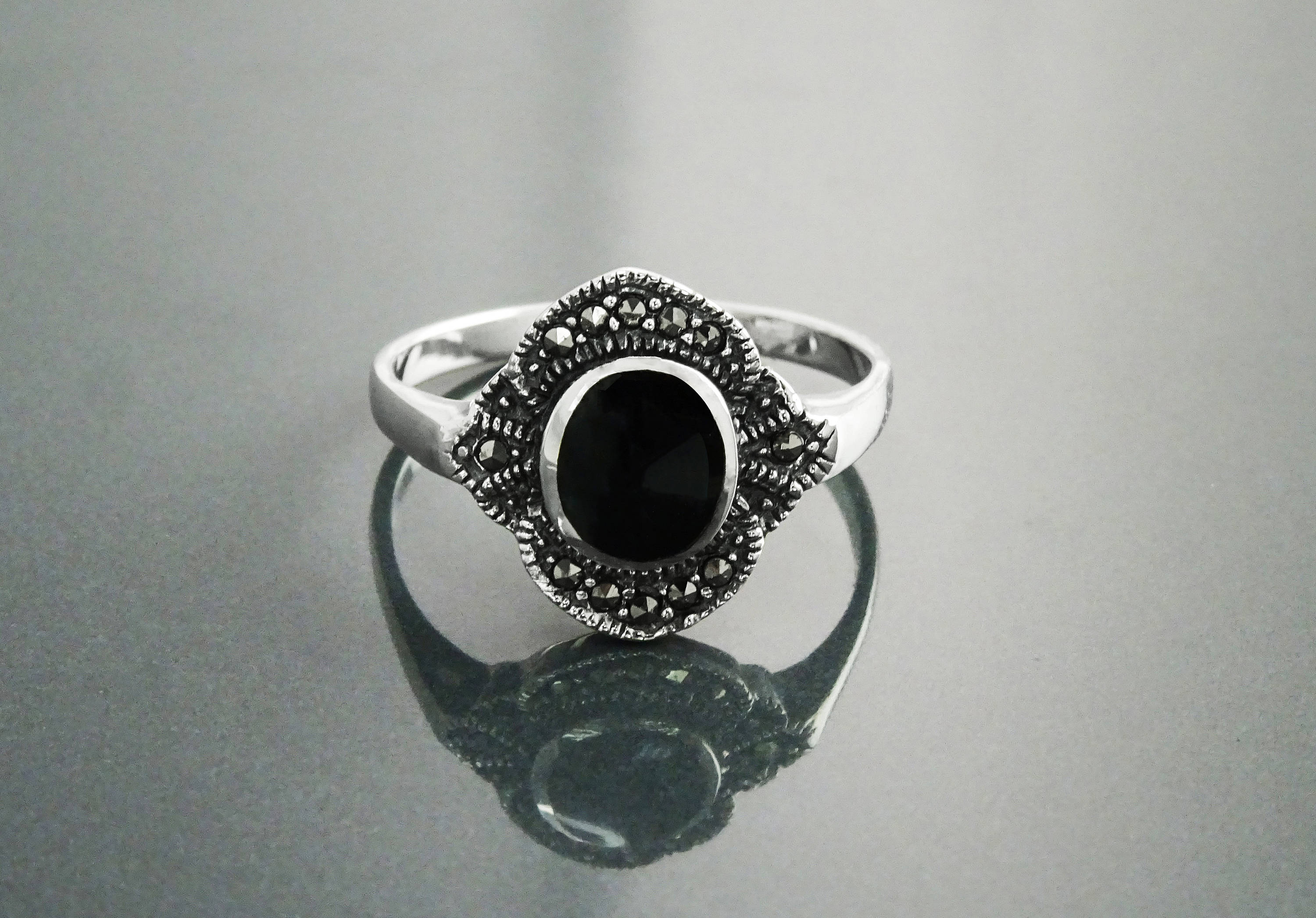 Art Deco Sterling Silver Black Onyx Marcasite Ring