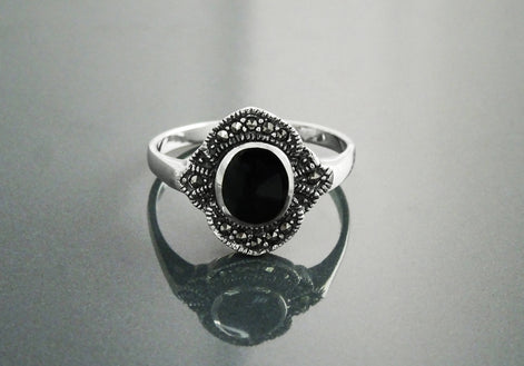 Art Deco Sterling Silver Black Onyx Marcasite Ring