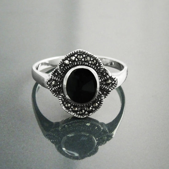 Art Deco Sterling Silver Black Onyx Marcasite Ring