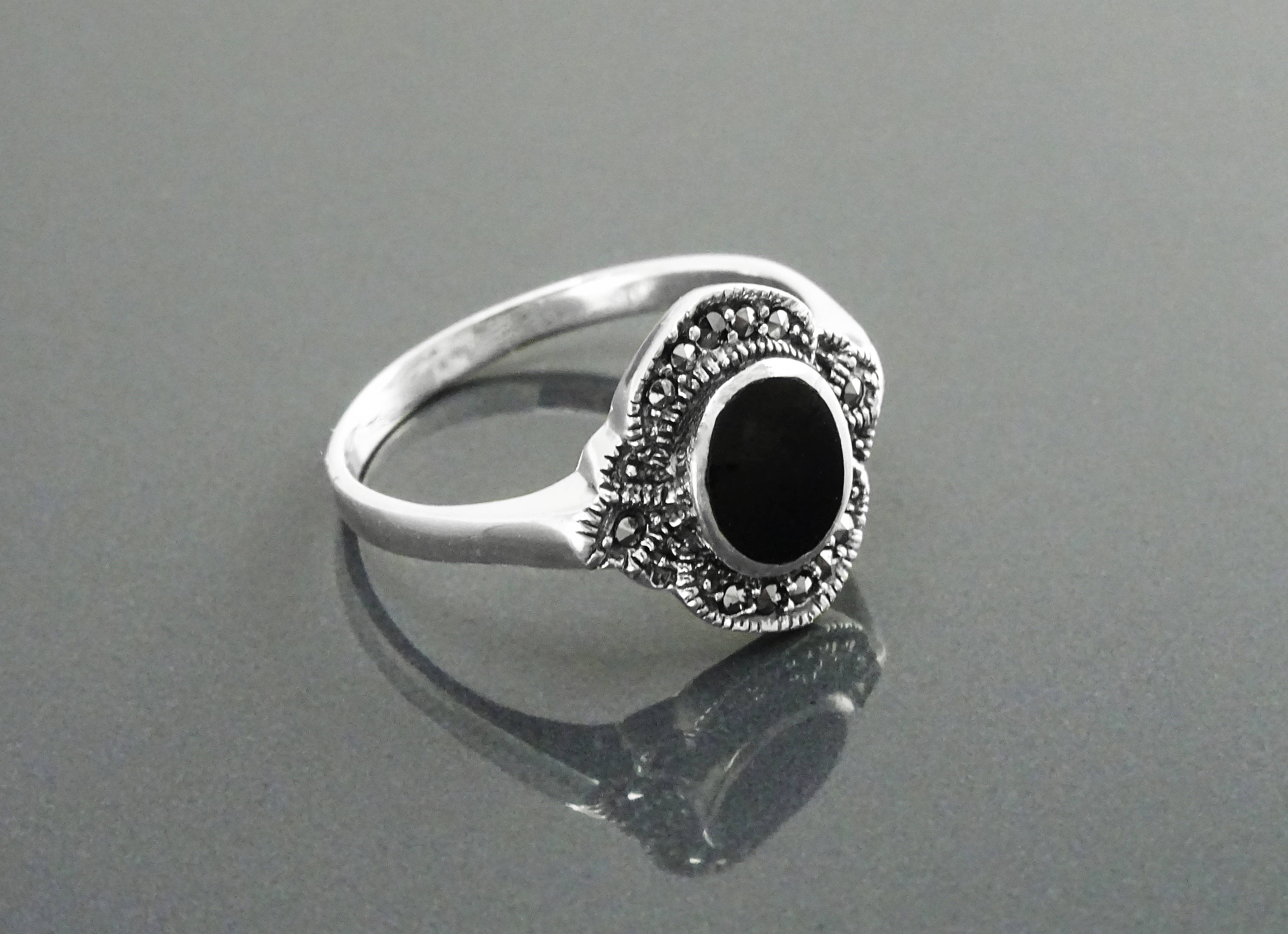 Art Deco Sterling Silver Black Onyx Marcasite Ring