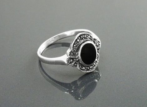 Art Deco Sterling Silver Black Onyx Marcasite Ring