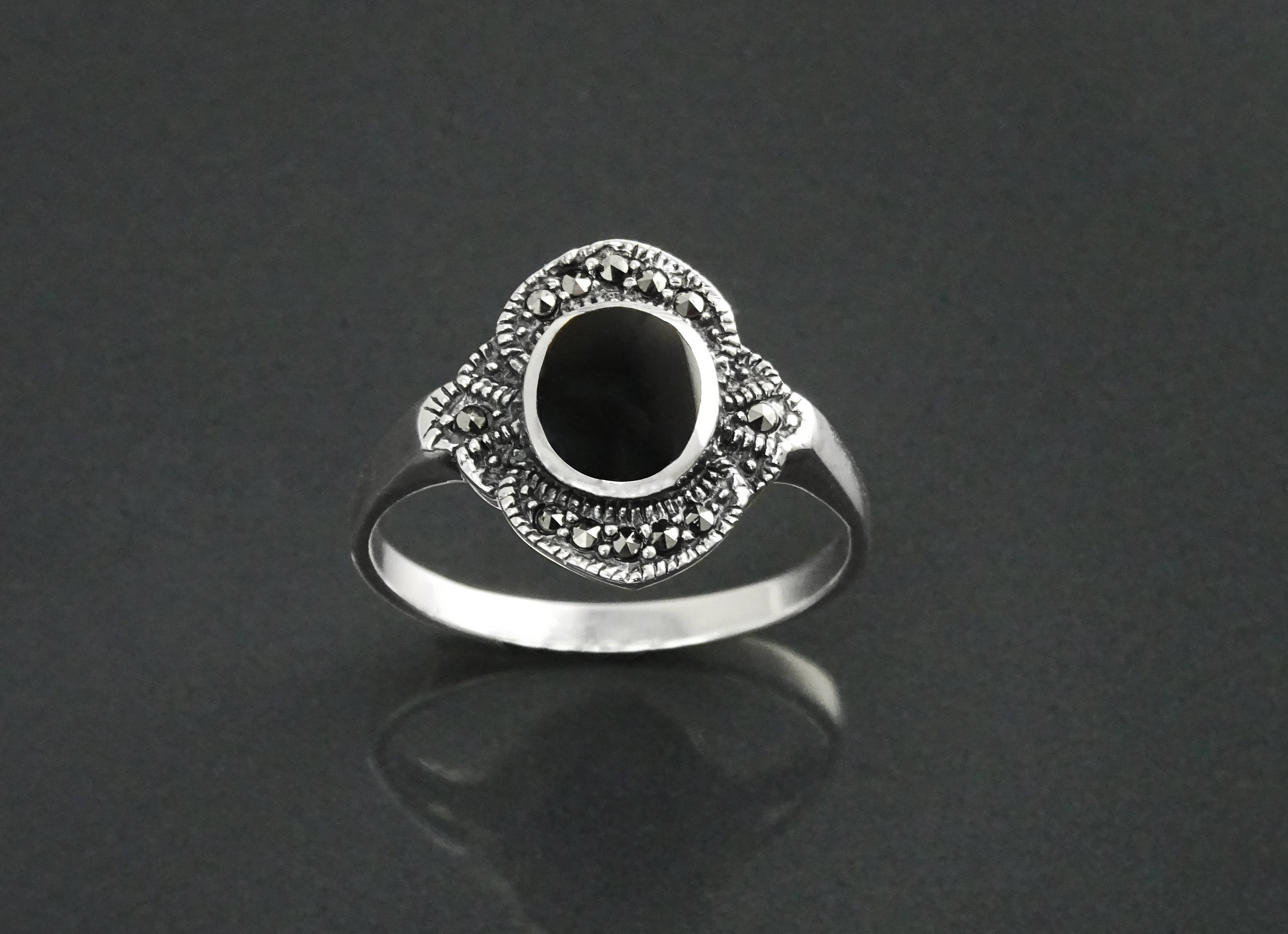 Art Deco Sterling Silver Black Onyx Marcasite Ring