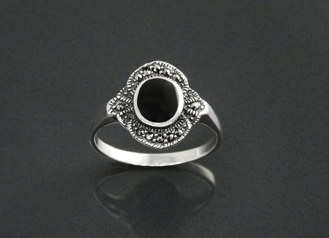 Art Deco Sterling Silver Black Onyx Marcasite Ring