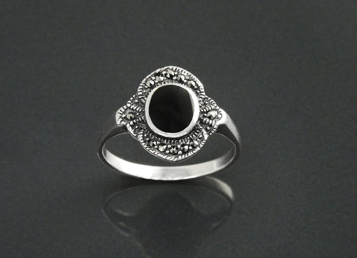 Art Deco Sterling Silver Black Onyx Marcasite Ring