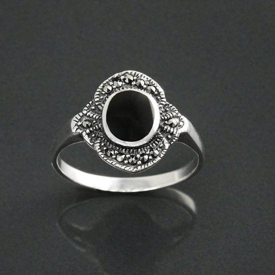 Art Deco Sterling Silver Black Onyx Marcasite Ring