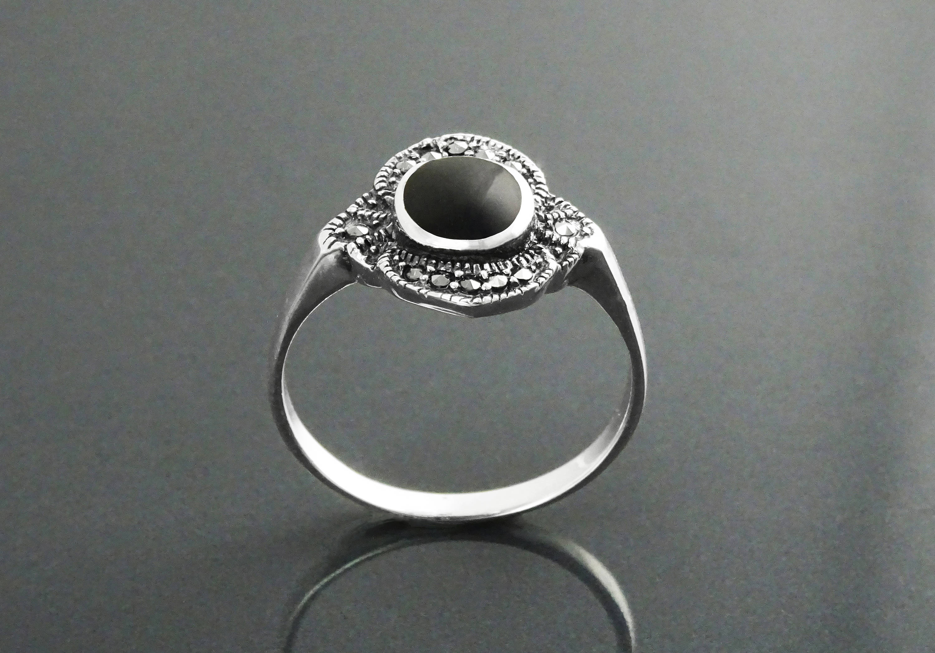 Art Deco Sterling Silver Black Onyx Marcasite Ring
