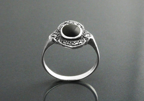 Art Deco Sterling Silver Black Onyx Marcasite Ring