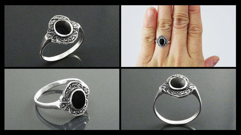 Art Deco Sterling Silver Black Onyx Marcasite Ring