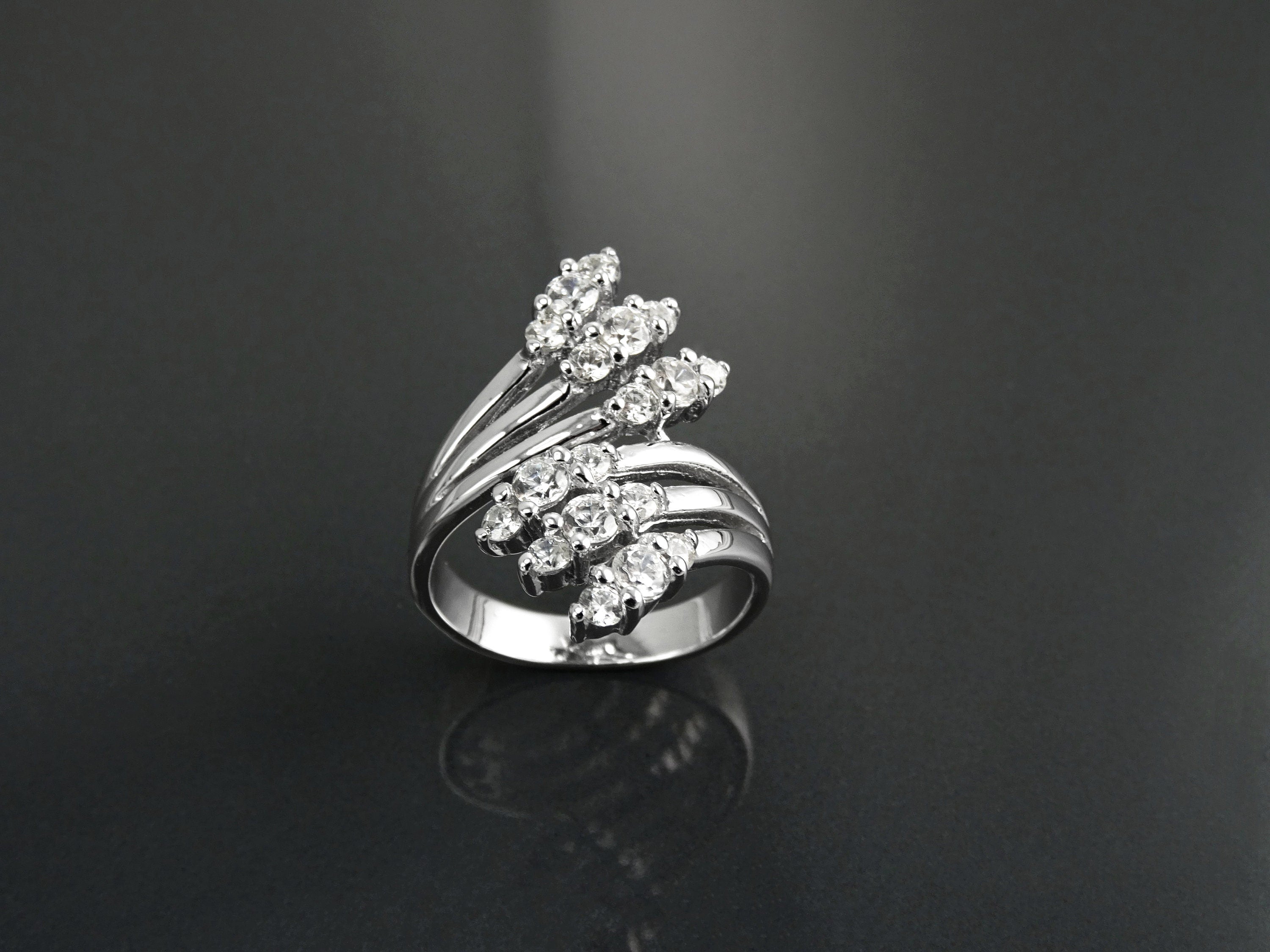 Sterling Silver Bypass Ring with CZ Stones, Modern Wrap Design