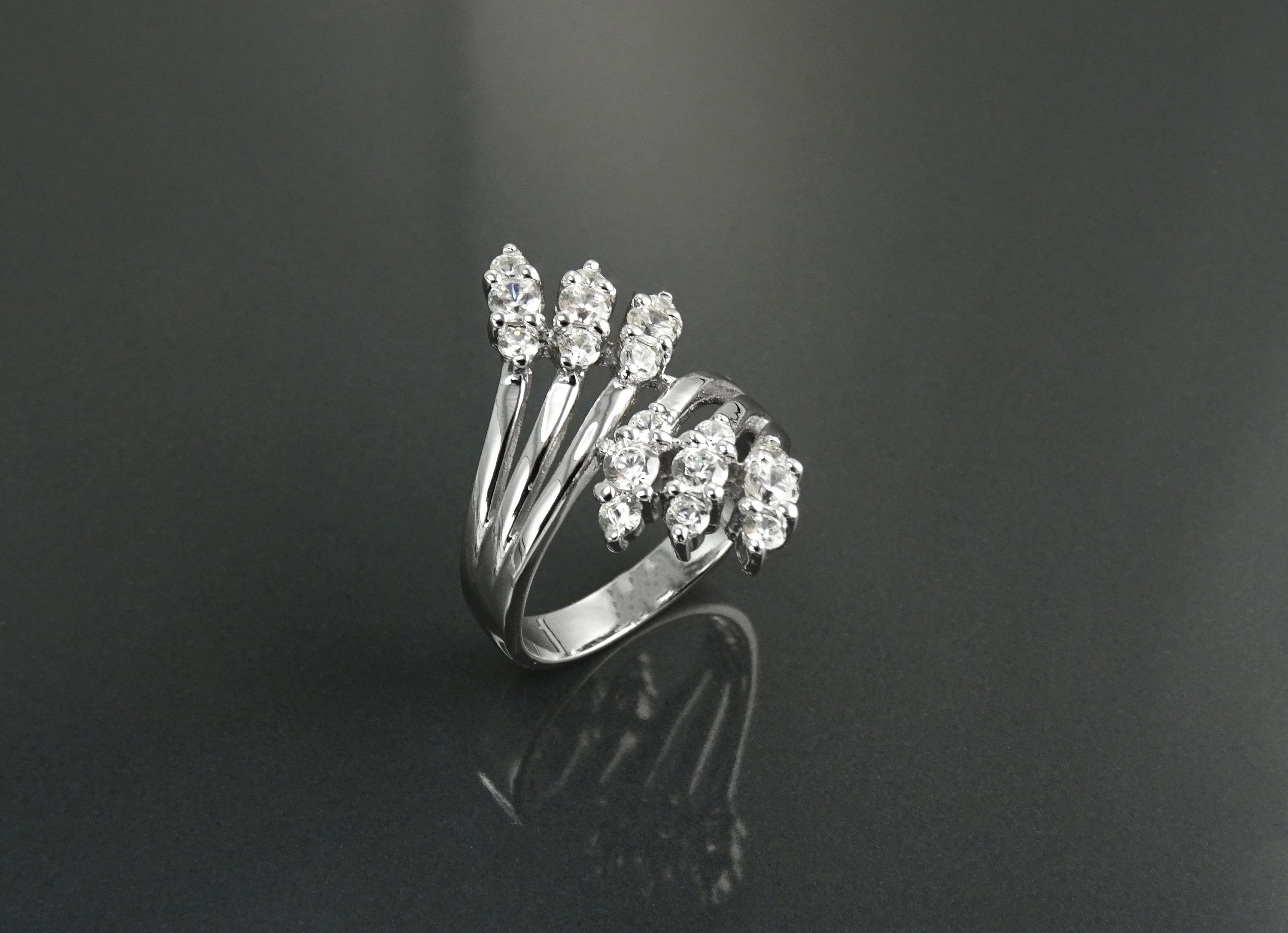 Sterling Silver Bypass Ring with CZ Stones, Modern Wrap Design