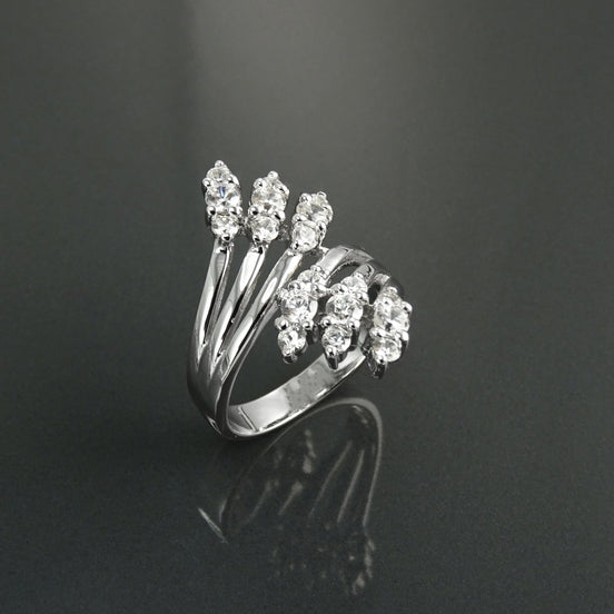 Sterling Silver Bypass Ring with CZ Stones, Modern Wrap Design