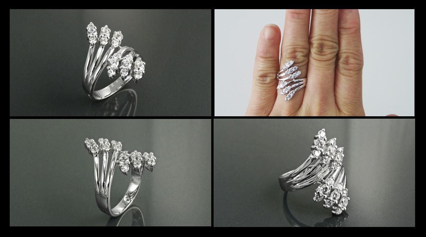 Sterling Silver Bypass Ring with CZ Stones, Modern Wrap Design