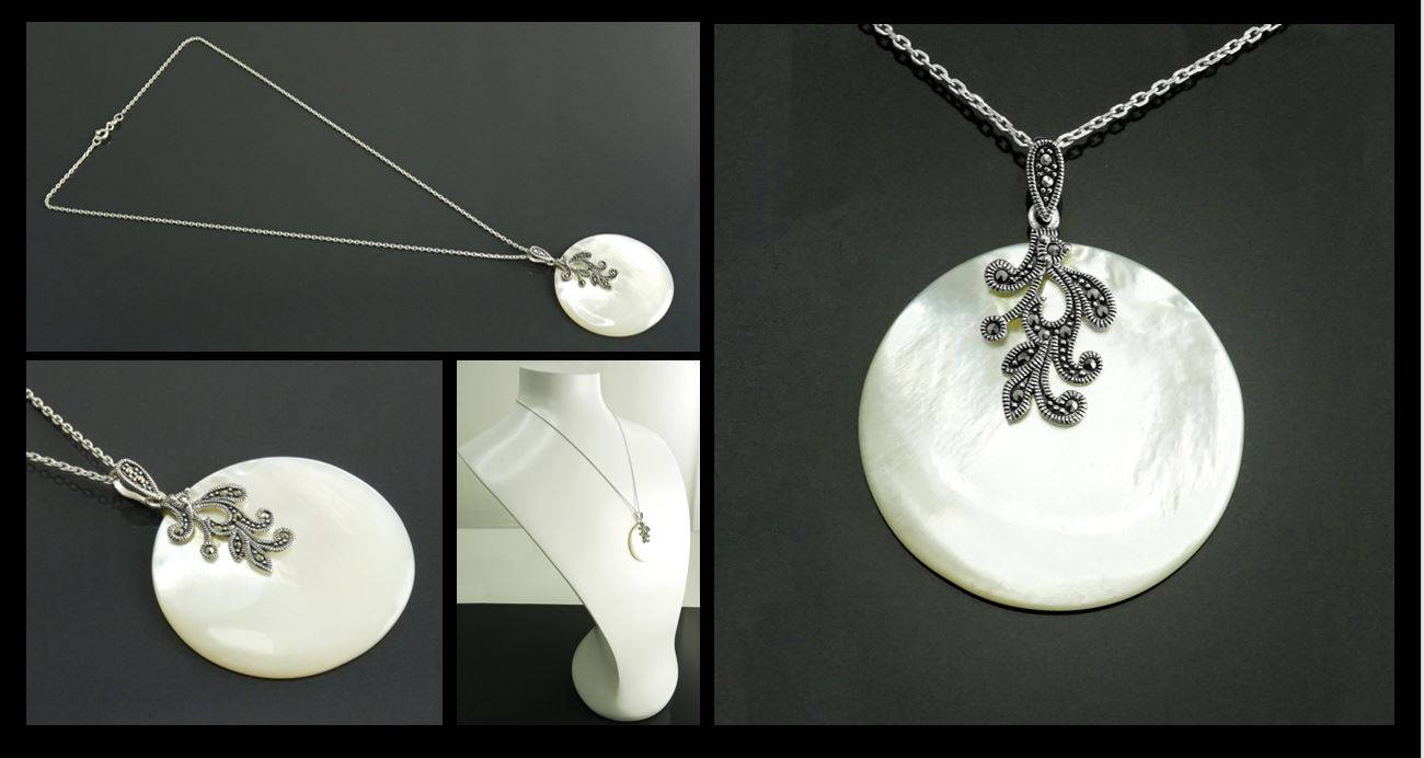 Art Deco Sterling Silver Mother of Pearl Pendant Necklace, Marcasite Jewelry