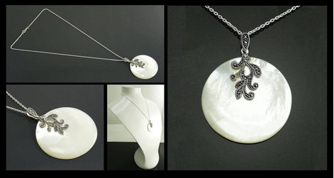 Art Deco Sterling Silver Mother of Pearl Pendant Necklace, Marcasite Jewelry