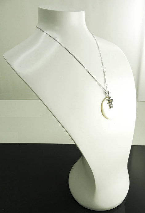 Art Deco Sterling Silver Mother of Pearl Pendant Necklace, Marcasite Jewelry