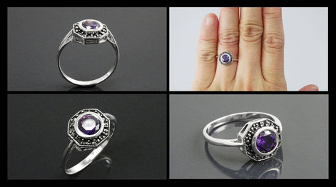 Amethyst Marcasite Ring, Sterling Silver, Vintage Octagonal Ring, Purple Amethyst Color Cz, Dainty Retro Violet Stone Rings, Women Gifts