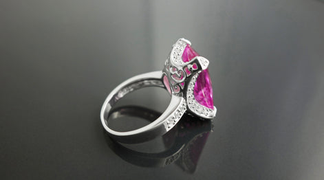 Sterling Silver Rectangle Pink Stone Ring, Modern Cocktail Jewelry
