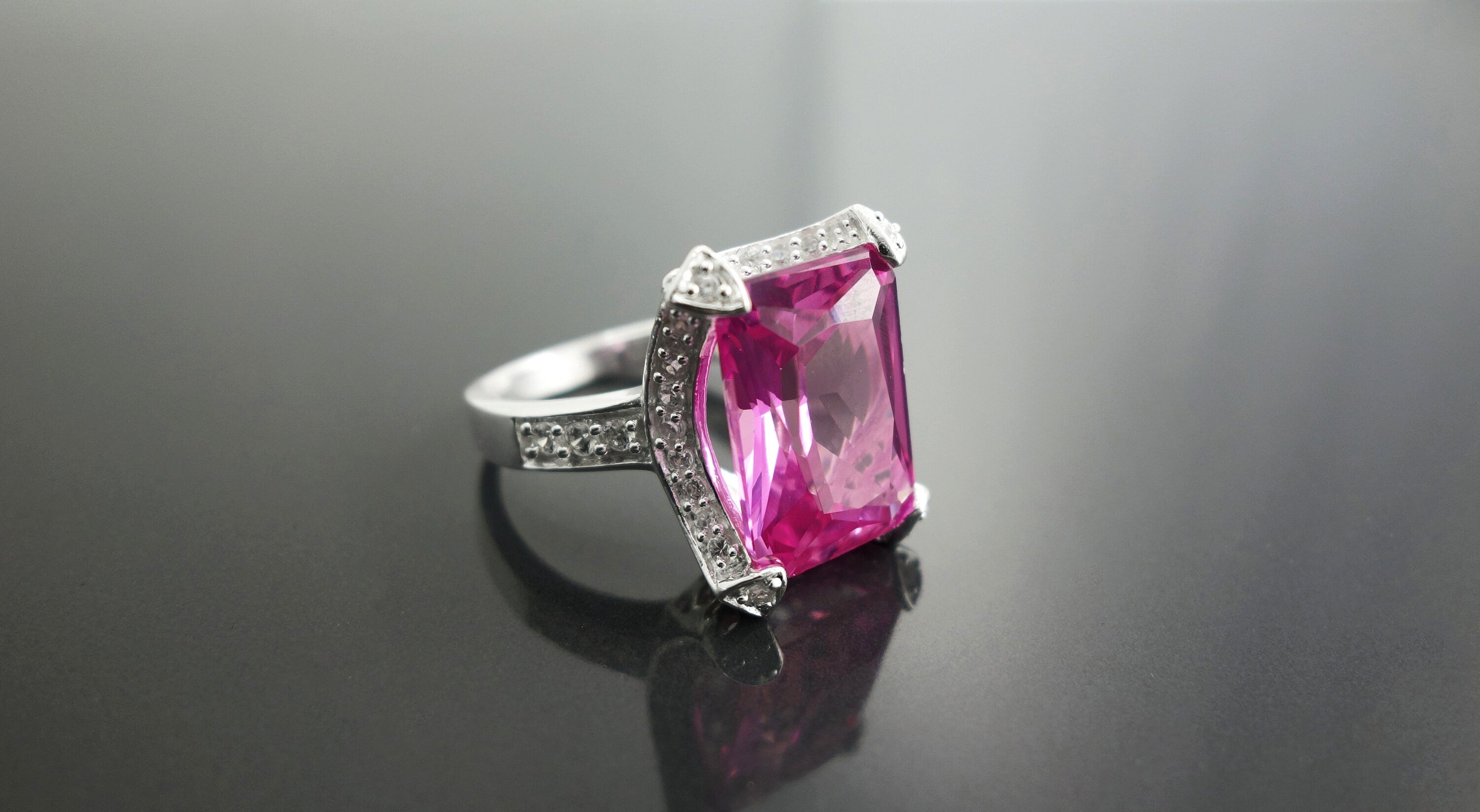 Sterling Silver Rectangle Pink Stone Ring, Modern Cocktail Jewelry