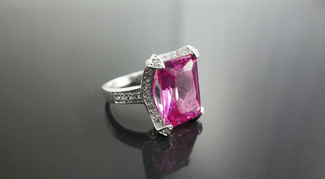 Sterling Silver Rectangle Pink Stone Ring, Modern Cocktail Jewelry