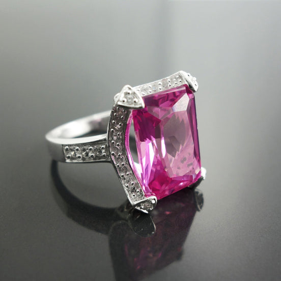 Sterling Silver Rectangle Pink Stone Ring, Modern Cocktail Jewelry