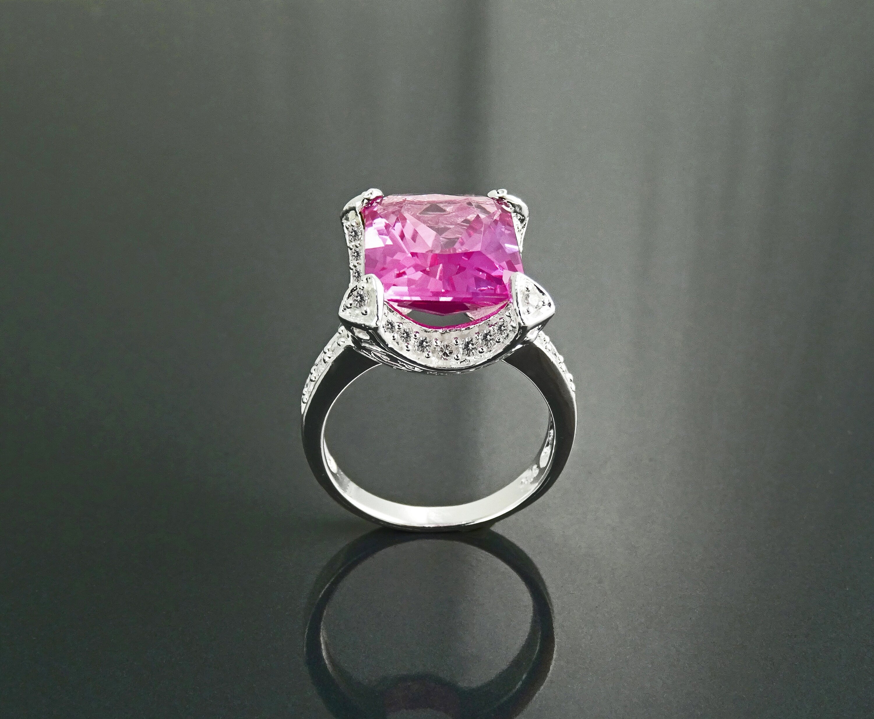 Sterling Silver Rectangle Pink Stone Ring, Modern Cocktail Jewelry