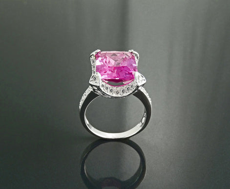 Sterling Silver Rectangle Pink Stone Ring, Modern Cocktail Jewelry