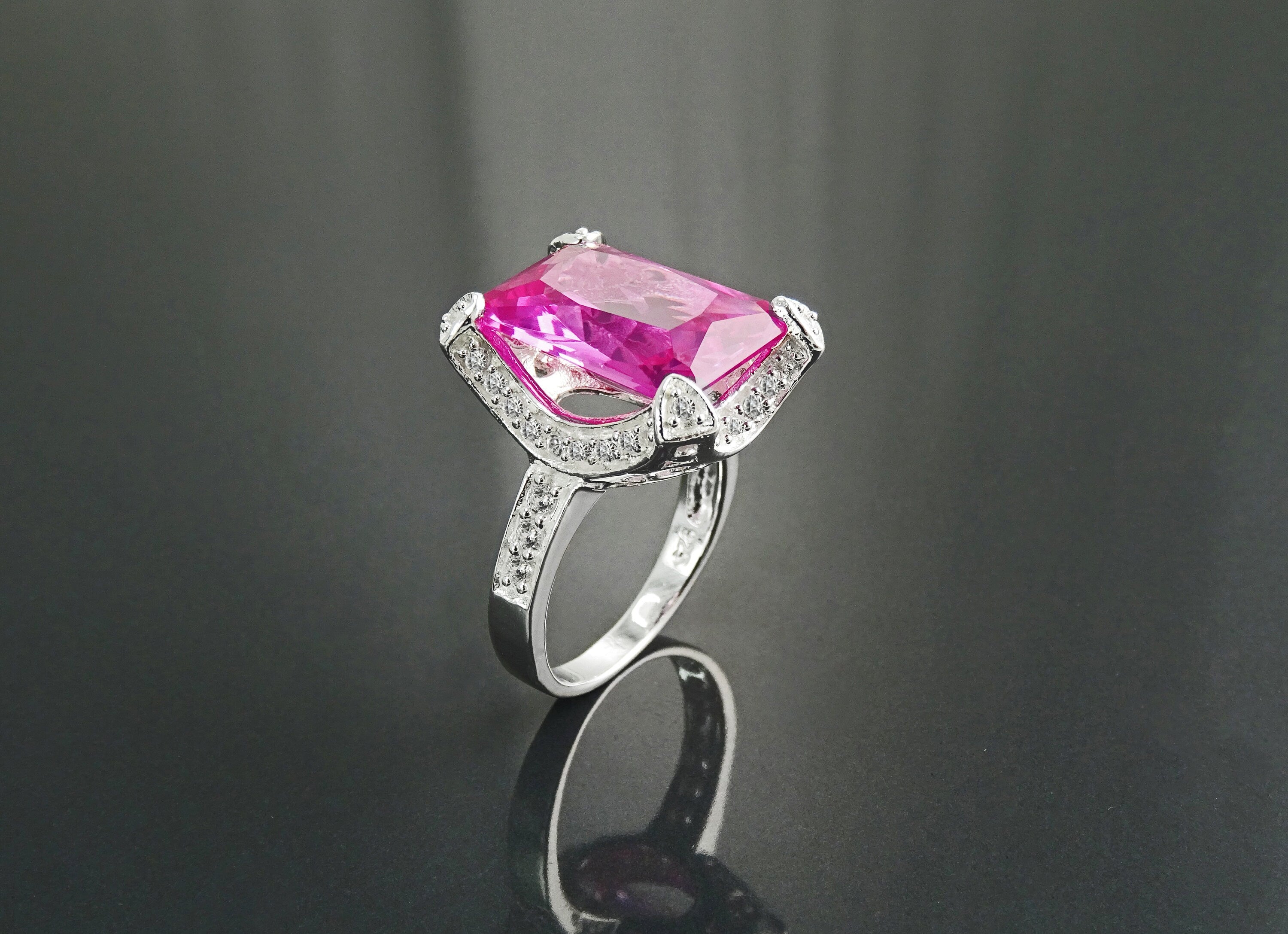 Sterling Silver Rectangle Pink Stone Ring, Modern Cocktail Jewelry