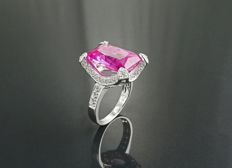 Sterling Silver Rectangle Pink Stone Ring, Modern Cocktail Jewelry