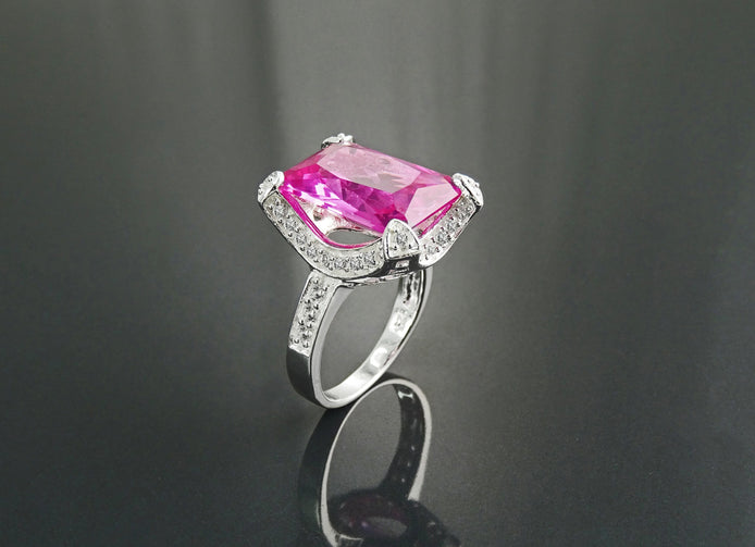 Sterling Silver Rectangle Pink Stone Ring, Modern Cocktail Jewelry