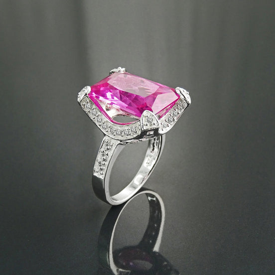 Sterling Silver Rectangle Pink Stone Ring, Modern Cocktail Jewelry