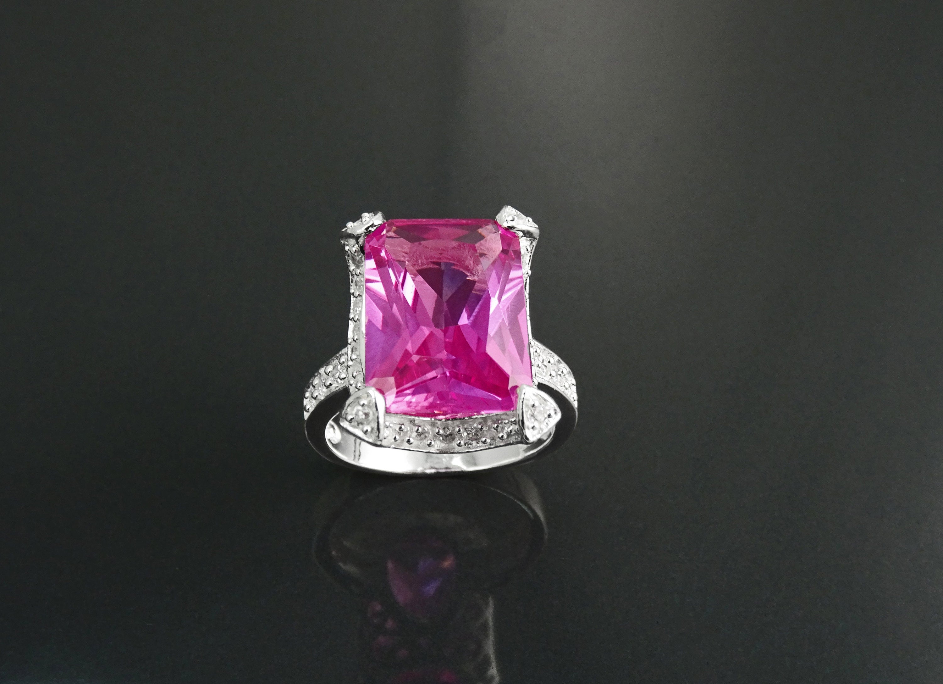 Sterling Silver Rectangle Pink Stone Ring, Modern Cocktail Jewelry
