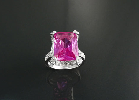 Sterling Silver Rectangle Pink Stone Ring, Modern Cocktail Jewelry