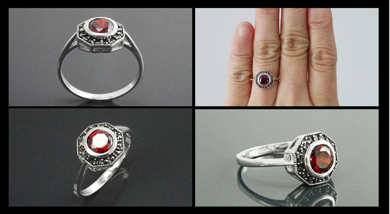 Vintage Red Ring, Sterling Silver, Octagonal Marcasite Stones Ring, Garnet Color Stone (Cz), Dainty Retro Red Stone Rings, Medieval Jewelry