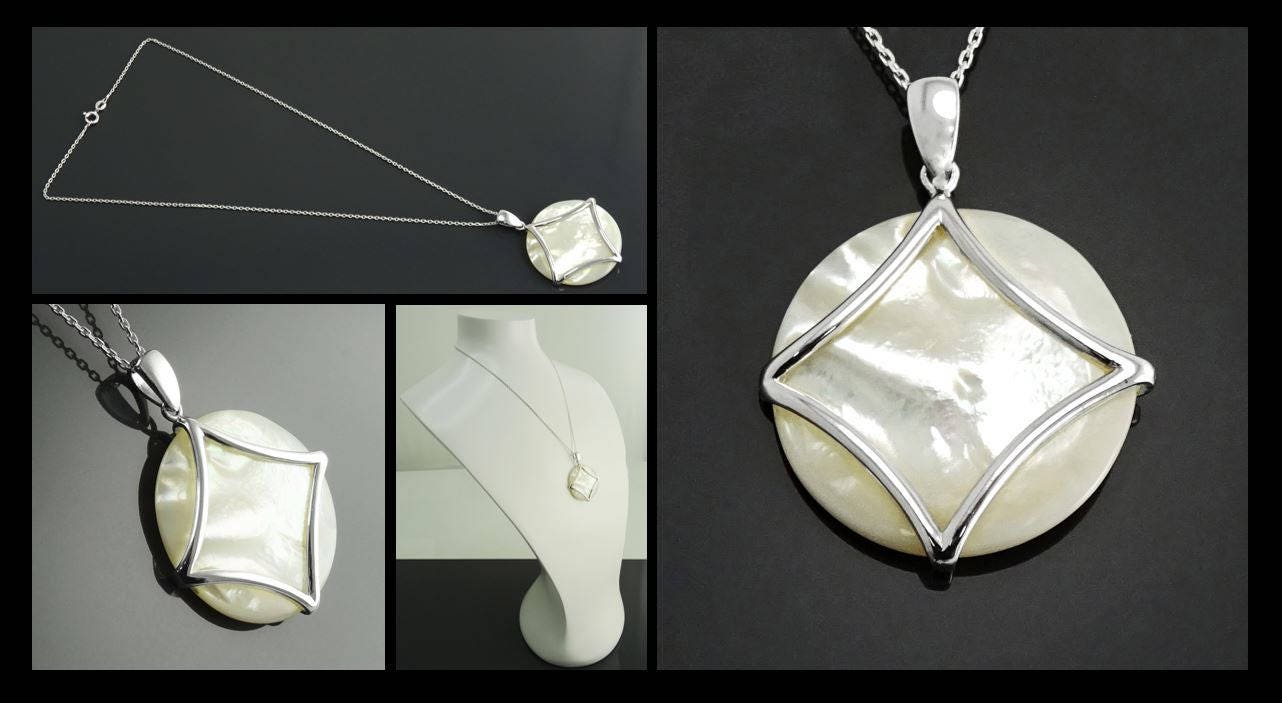 White Round Pendant, Sterling Silver, Genuine White Mother of Pearl Shell, Minimalist Modern Geometric Stone Necklace, Statement jewelry
