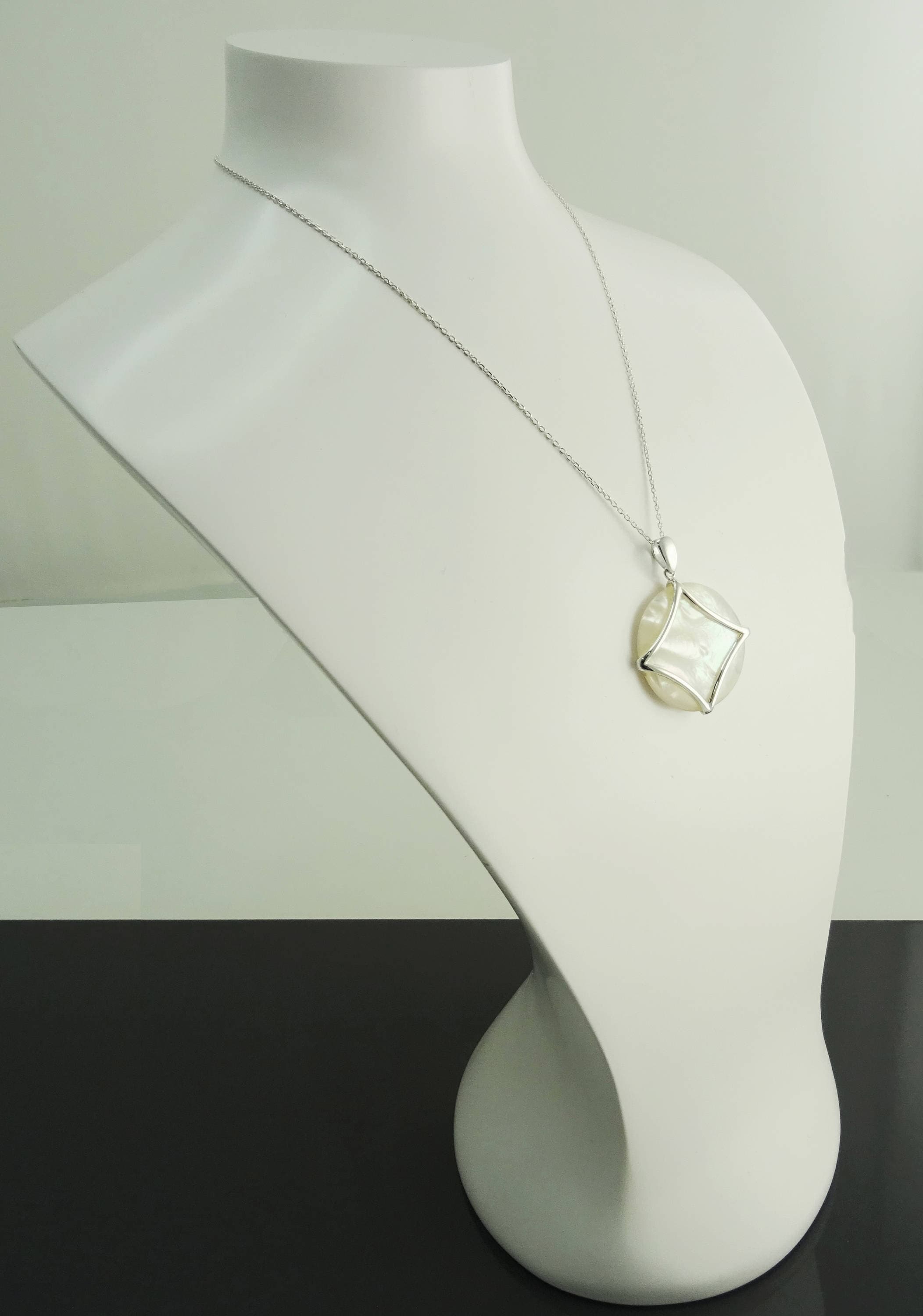 White Round Pendant, Sterling Silver, Genuine White Mother of Pearl Shell, Minimalist Modern Geometric Stone Necklace, Statement jewelry