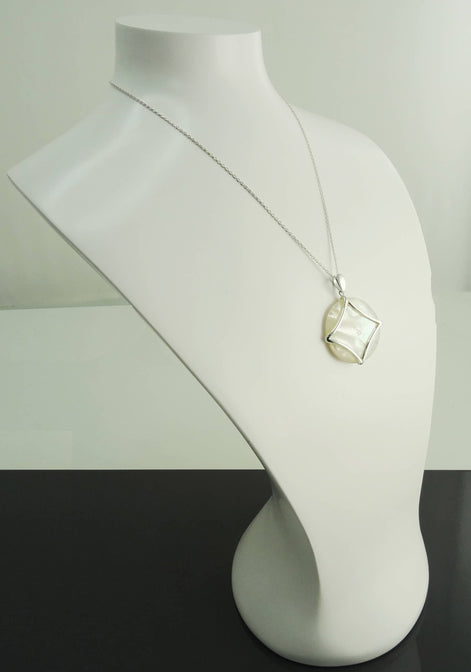 White Round Pendant, Sterling Silver, Genuine White Mother of Pearl Shell, Minimalist Modern Geometric Stone Necklace, Statement jewelry