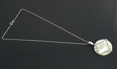 White Round Pendant, Sterling Silver, Genuine White Mother of Pearl Shell, Minimalist Modern Geometric Stone Necklace, Statement jewelry
