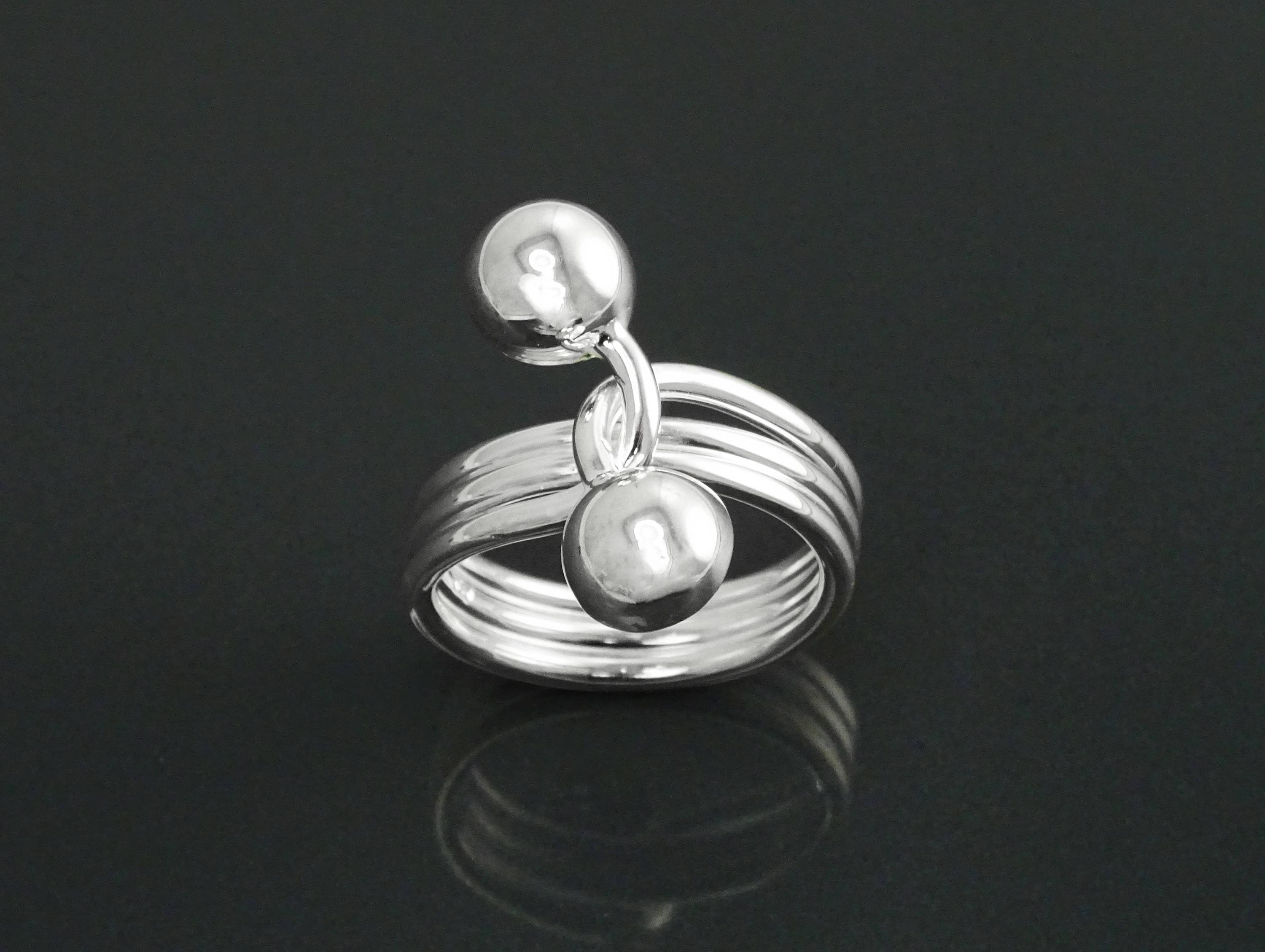 Ball Ring, Sterling Silver, Bypass Half Ring, Cross Balls Crossing Spiral Coiled Ring, Modern Minimalist Geometric Round Designed Jewelry