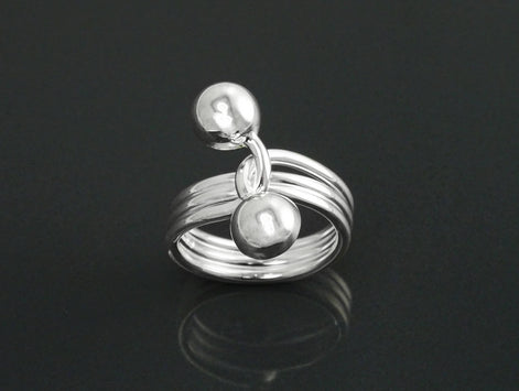 Ball Ring, Sterling Silver, Bypass Half Ring, Cross Balls Crossing Spiral Coiled Ring, Modern Minimalist Geometric Round Designed Jewelry