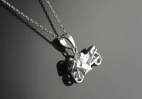 Sterling Silver Motorcycle Pendant, Modern Biker Necklace Charm