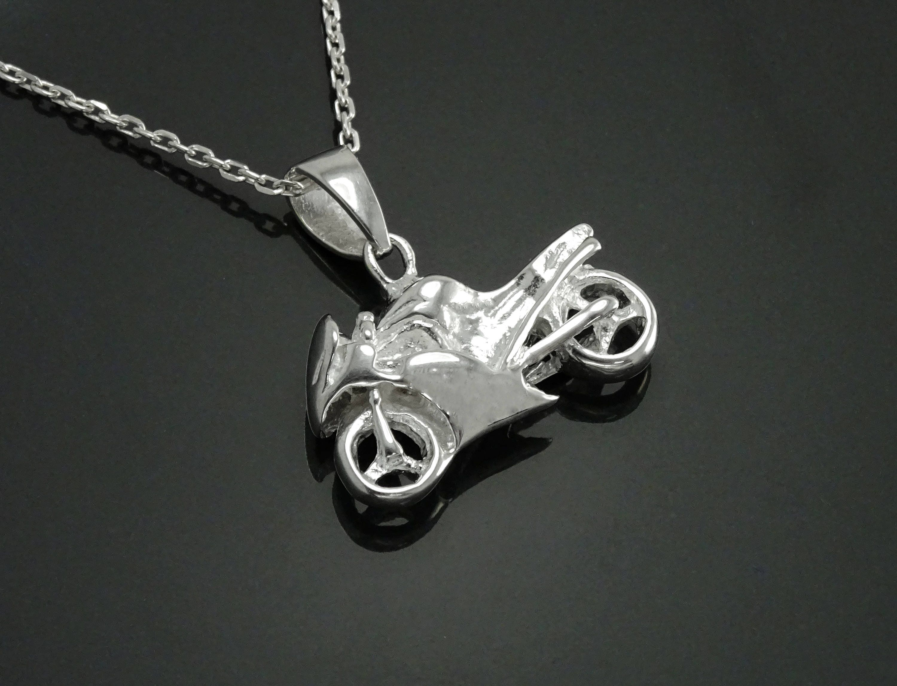 Sterling Silver Motorcycle Pendant, Modern Biker Necklace Charm