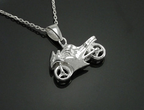 Sterling Silver Motorcycle Pendant, Modern Biker Necklace Charm