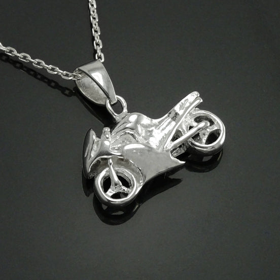Sterling Silver Motorcycle Pendant, Modern Biker Necklace Charm