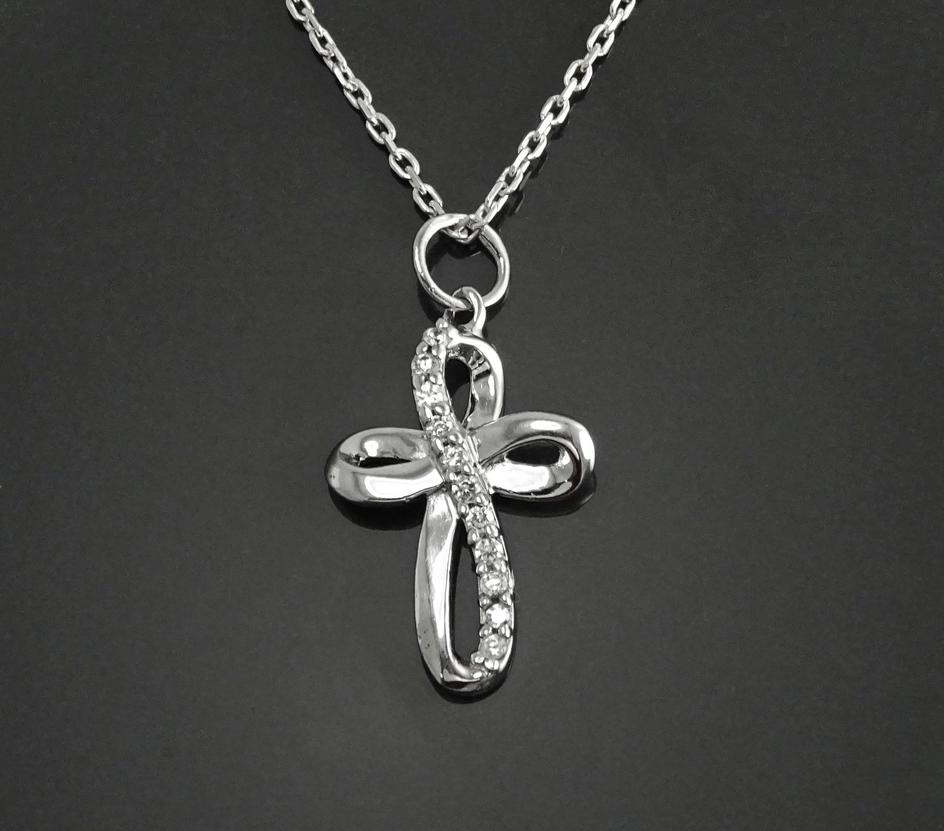 Sterling Silver Infinity Cross Necklace, Diamond CZ Gemstone Pendant