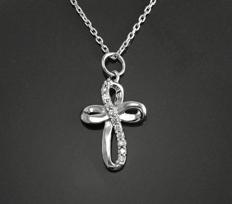 Sterling Silver Infinity Cross Necklace, Diamond CZ Gemstone Pendant