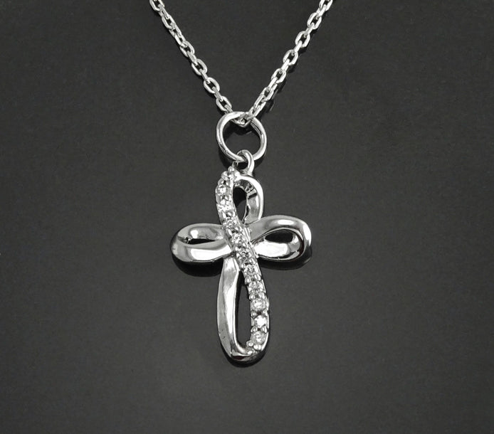 Sterling Silver Infinity Cross Necklace, Diamond CZ Gemstone Pendant