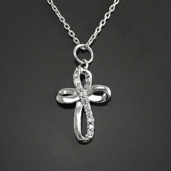 Sterling Silver Infinity Cross Necklace, Diamond CZ Gemstone Pendant